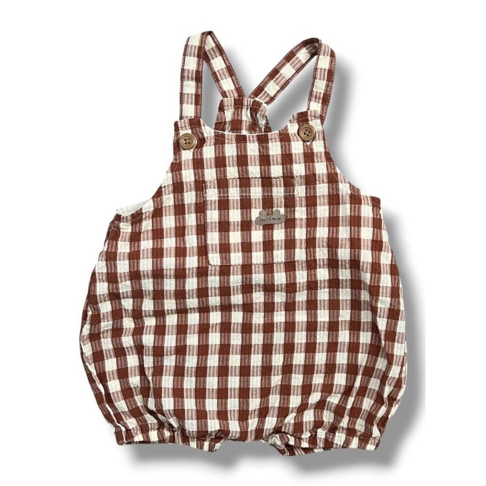 Souris Mini Gingham Checkered Seersucker Ropmer, Size 6-9M